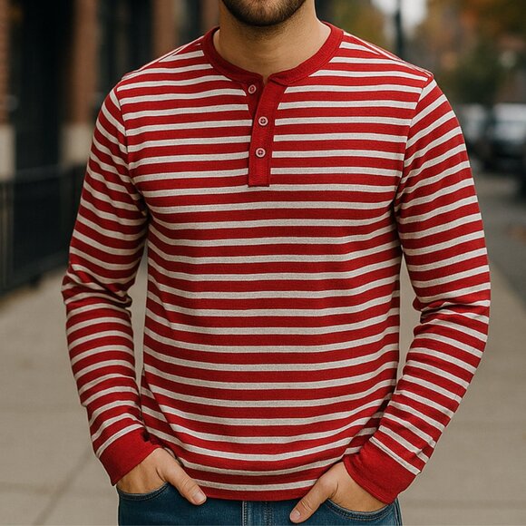 Old Navy Men's Red Stripe Henley Shirt Sz L Casual Weekend Basic Soft Knit Top - Picture 2 of 10